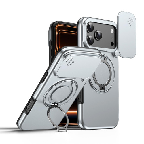 iPhone 18 Pro Max / 17 Pro Max Camera Sliding Shield Magnetic Rotation Holder Phone Case - Silver