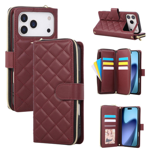 iPhone 18 Pro Max / 17 Pro Max Crossbody Rhombic Zipper Tower Buckle Leather Phone Case with Lanyard - Wine Red
