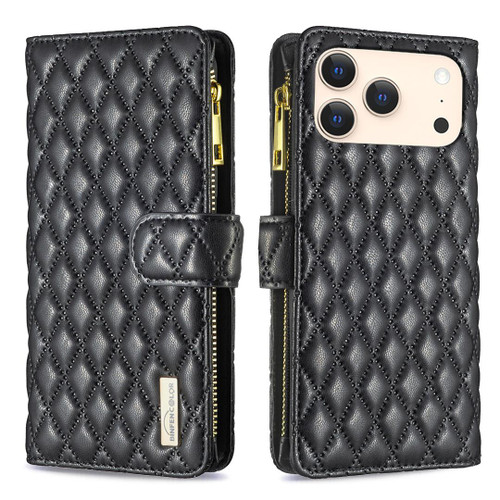 iPhone 18 Pro Max / 17 Pro Max Diamond Lattice Zipper Wallet Leather Flip Phone Case - Black