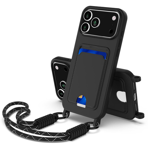 iPhone 18 Pro Max / 17 Pro Max Integrated Card Bag Solid Color Liquid Silicone Phone Case Gen2 with Short Lanyard - Black