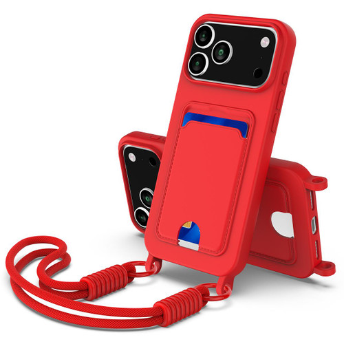 iPhone 18 Pro Max / 17 Pro Max Integrated Card Bag Solid Color Liquid Silicone Phone Case Gen2 with Short Lanyard - Red