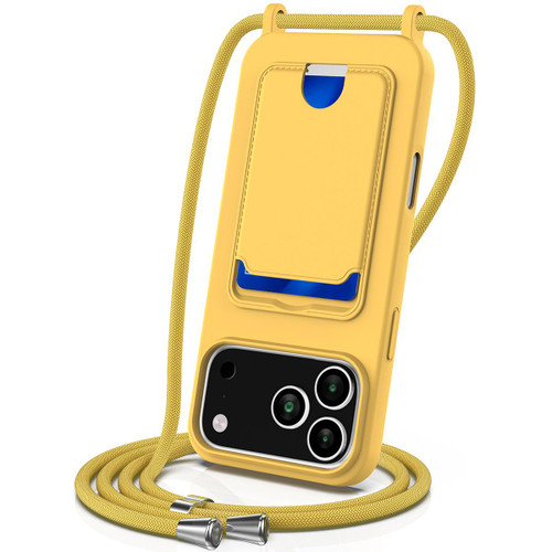 iPhone 18 Pro Max / 17 Pro Max Integrated Card Bag Solid Color Liquid Silicone Phone Case with Lanyard - Yellow