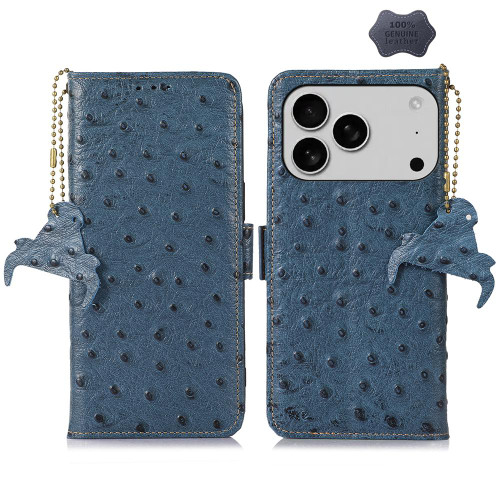 iPhone 18 Pro Max / 17 Pro Max Ostrich Pattern Genuine Leather RFID Phone Case - Blue
