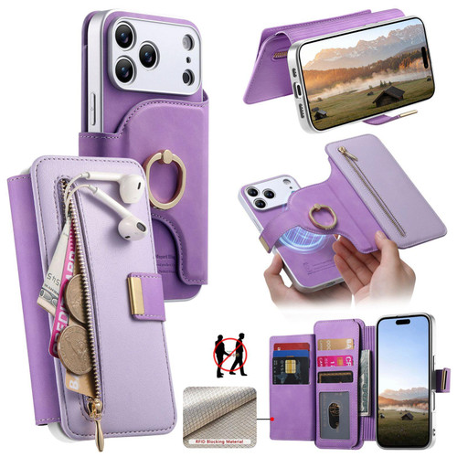 iPhone 18 Pro Max / 17 Pro Max Precision Hole Silver-Edged Ring RFID Blocking Zipper Wallet Magnetic Vegan Leather Phone Case - Purple