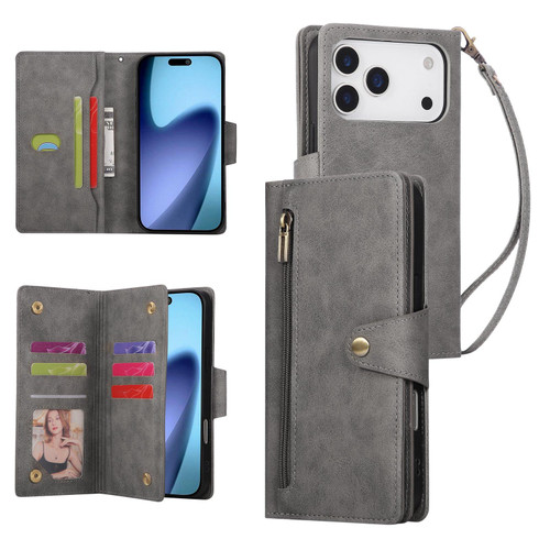 iPhone 18 Pro Max / 17 Pro Max Rivet Buckle 9 Cards Three Fold Leather Phone Case - Grey