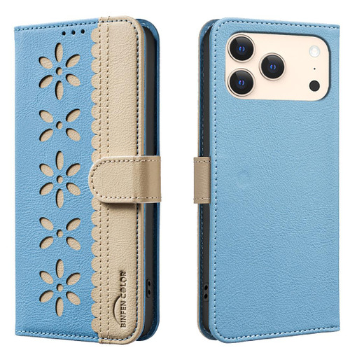 iPhone 18 Pro Max / 17 Pro Max Splicing Color Hollow Flower Pattern RFID Leather Phone Case - Baby Blue