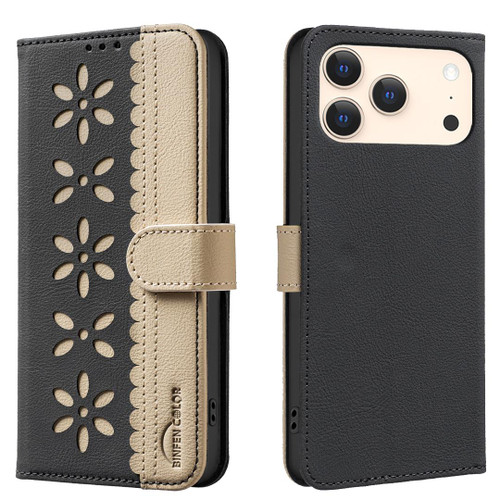 iPhone 18 Pro Max / 17 Pro Max Splicing Color Hollow Flower Pattern RFID Leather Phone Case - Black