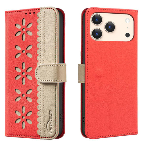 iPhone 18 Pro Max / 17 Pro Max Splicing Color Hollow Flower Pattern RFID Leather Phone Case - Red