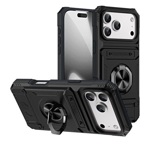 iPhone 18 Pro Max / 17 Pro Max TPU+PC Shockproof Card Phone Case with Metal Ring Holder - Black