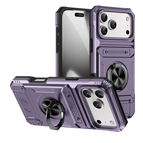 iPhone 18 Pro Max / 17 Pro Max TPU+PC Shockproof Card Phone Case with Metal Ring Holder - Purple