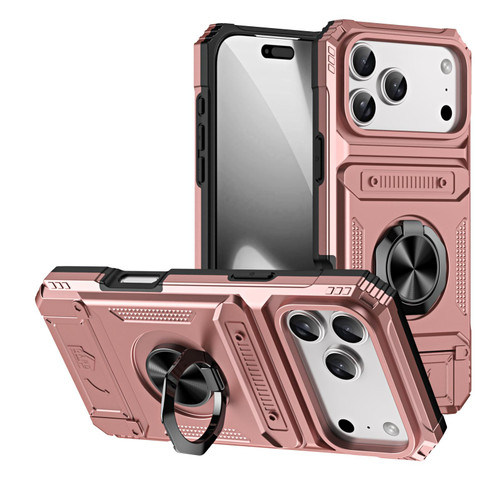 iPhone 18 Pro Max / 17 Pro Max TPU+PC Shockproof Card Phone Case with Metal Ring Holder - Rose Gold