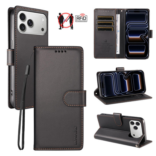 iPhone 18 Pro Max BETOPNICE Pearlescent RFID Vegan Leather Phone Case with Strap - Black