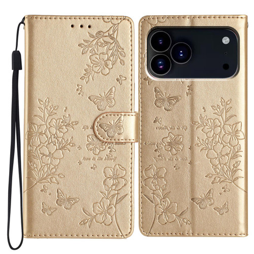 iPhone 18 Pro Max Butterflies and Flowers Leather Phone Case - Gold