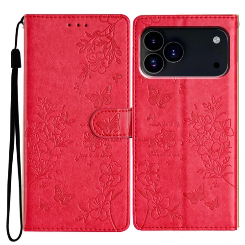 iPhone 18 Pro Max Butterflies and Flowers Leather Phone Case - Red