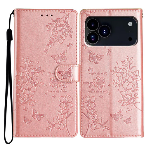 iPhone 18 Pro Max Butterflies and Flowers Leather Phone Case - Rose Gold