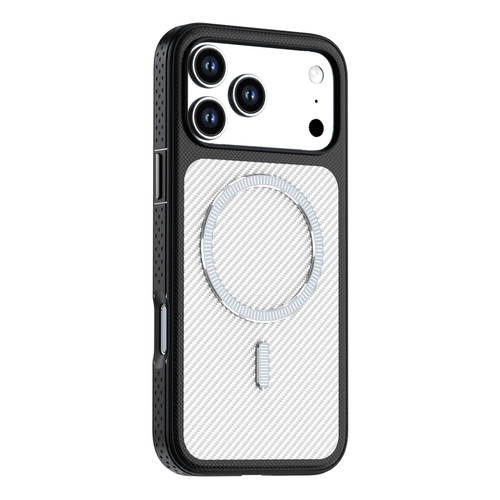 iPhone 18 Pro Max Carbon Fiber Texture Vegan Leather Magnetic Phone Case - White