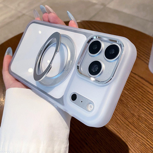 iPhone 18 Pro Max Clear Back Design 360 Degree Rotating Magnetic Holder Phone Case - White