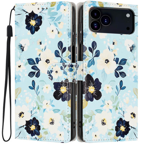 iPhone 18 Pro Max Colorful Painting Vegan Leather Phone Case with Lanyard - Blue Background Flower