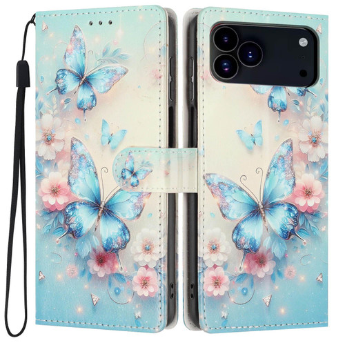 iPhone 18 Pro Max Colorful Painting Vegan Leather Phone Case with Lanyard - Blue Butterflies