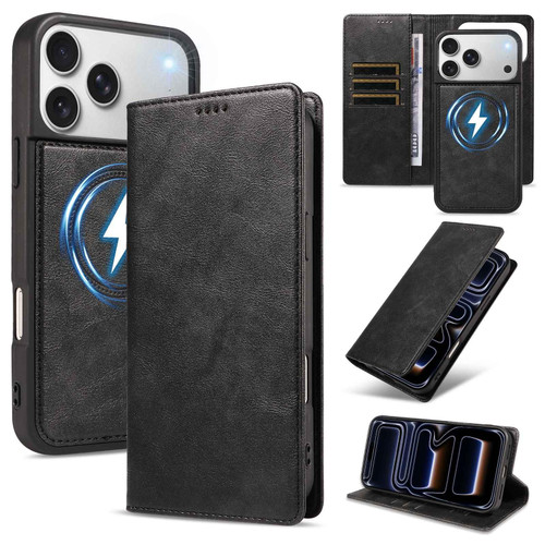 iPhone 18 Pro Max Cowhide Leather Texture RFID Detachable 2 in 1 Magnetic Vegan Leather Phone Case - Black