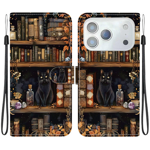 iPhone 18 Pro Max Crystal-Texture Painted Vegan Leather Phone Case - Bookstore Black Cat