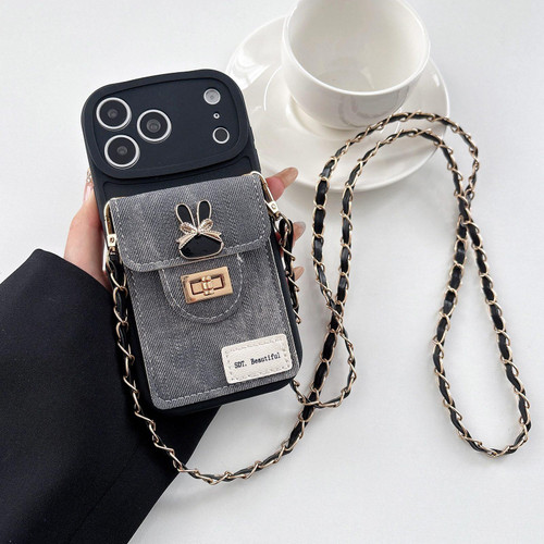 iPhone 18 Pro Max Denim Patterned Rabbit Card Bag Phone Case with Crossbody Chain - Black
