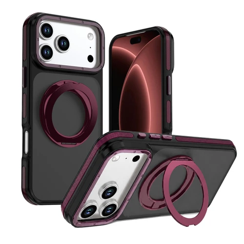 iPhone 18 Pro Max Dual Color Skin Feel 360 Degree Rotation Holder Magnetic Phone Case - Cherry Red