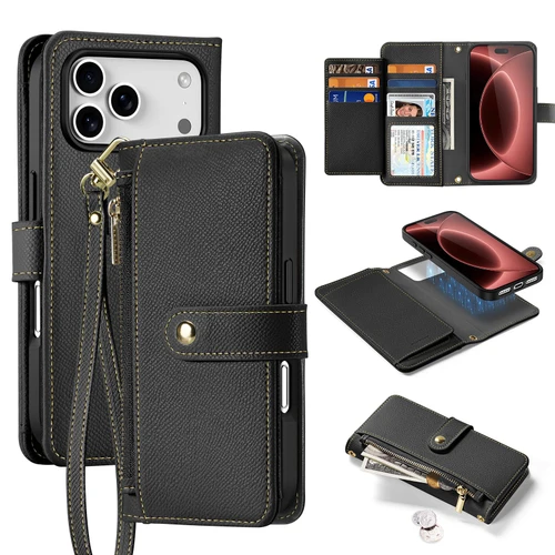 iPhone 18 Pro Max DUX DUCIS Lawa Series 2 in 1 Wallet Zipper Detachable MagSafe Phone Case with Lanyard - Black