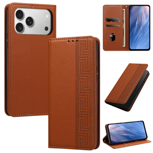 iPhone 18 Pro Max Embossed Meander Pattern RFID Vegan Leather Phone Case - Brown