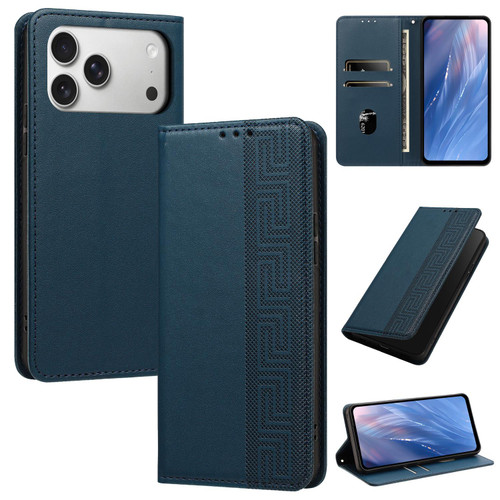 iPhone 18 Pro Max Embossed Meander Pattern RFID Vegan Leather Phone Case - Dark Blue