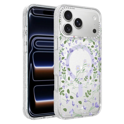iPhone 18 Pro Max Flower Pattern IMD Glitter Magnetic Phone Case - Purple Ivy
