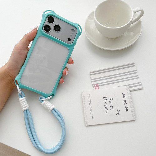 iPhone 18 Pro Max Four-corners Lanyard Holes Acrylic Hybrid TPU Phone Case with Hand Strap - Lake Blue