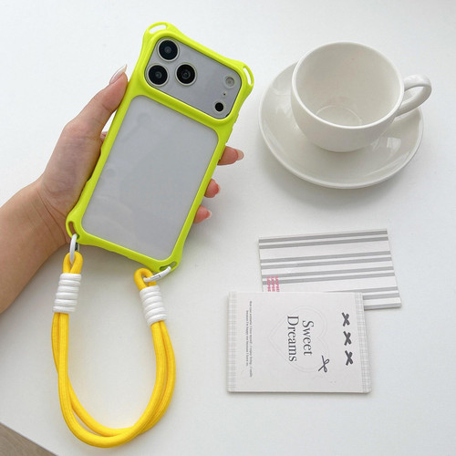 iPhone 18 Pro Max Four-corners Lanyard Holes Acrylic Hybrid TPU Phone Case with Hand Strap - Lemon Green