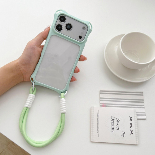 iPhone 18 Pro Max Four-corners Lanyard Holes Acrylic Hybrid TPU Phone Case with Hand Strap - Light Green