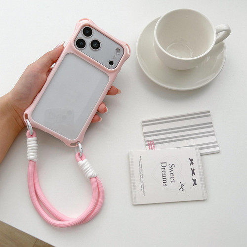 iPhone 18 Pro Max Four-corners Lanyard Holes Acrylic Hybrid TPU Phone Case with Hand Strap - Light Pink