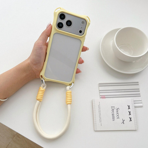 iPhone 18 Pro Max Four-corners Lanyard Holes Acrylic Hybrid TPU Phone Case with Hand Strap - Yellow