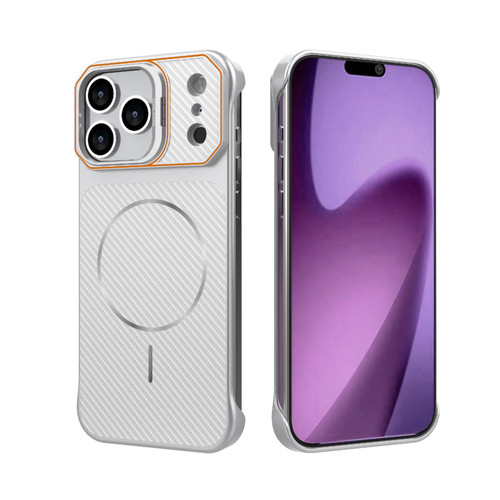 iPhone 18 Pro Max Frameless Half-Wrapped Carbon Fiber Texture PC Magnetic Phone Case - Silver