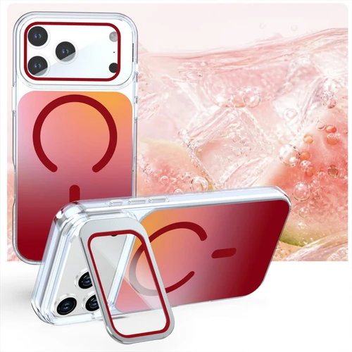 iPhone 18 Pro Max Gradient Discolor Lens Protector Kickstand Magnetic Phone Case - Red