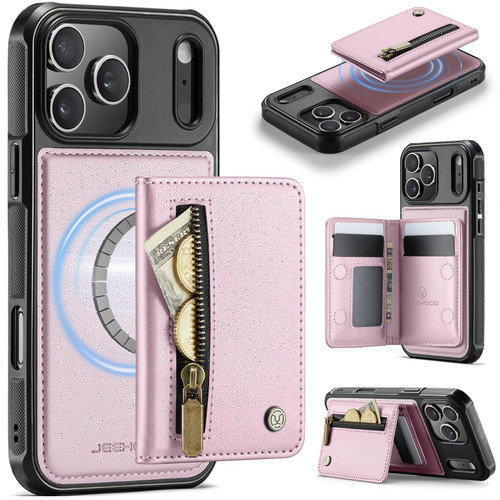 iPhone 18 Pro Max JEEHOOD J12 Exquisite RFID MagSafe Zipper Card Bag Phone Case - Pink