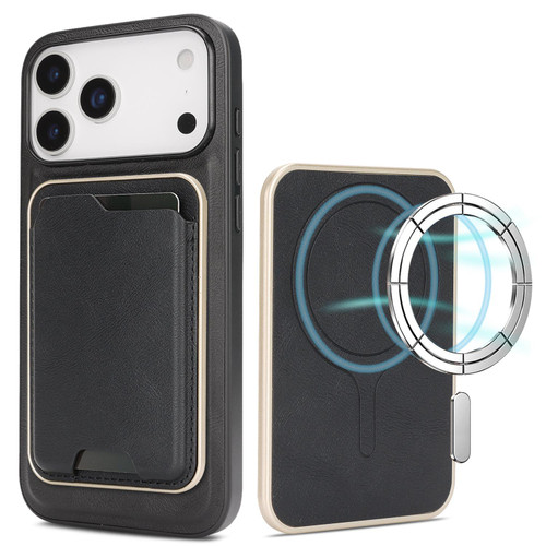 iPhone 18 Pro Max Kalebol Slim MagSafe Ring Magnetic Card Bag Leather Phone Case - Black