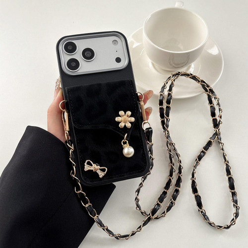 iPhone 18 Pro Max Leather Leopard Print Card Bag Phone Case with Crossbody Chain - Black