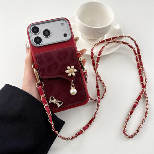 iPhone 18 Pro Max Leather Leopard Print Card Bag Phone Case with Crossbody Chain - Red