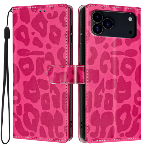 iPhone 18 Pro Max Leopard Print Wallet Vegan Leather Phone Case with Lanyard - Rose Red