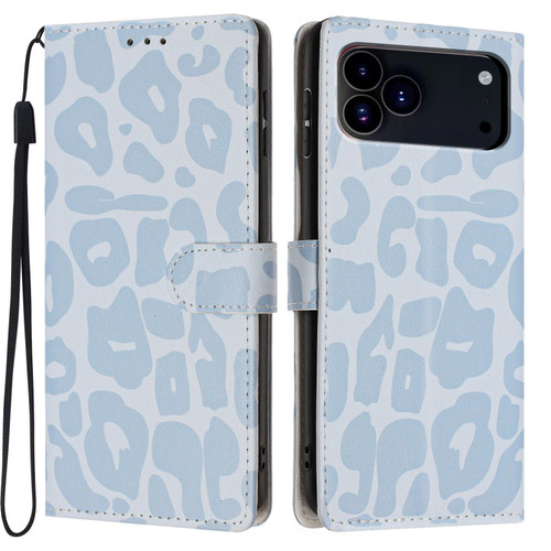 iPhone 18 Pro Max Leopard Print Wallet Vegan Leather Phone Case with Lanyard - Sky Blue