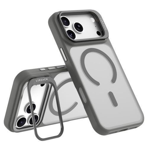 iPhone 18 Pro Max LeReach Le-Luster Series Metal Lens Kickstand Magnetic Phone Case - Grey