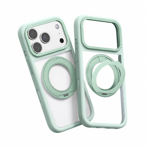 iPhone 18 Pro Max Liquid Silicone Frame Hybrid Clear Back Panel Rotatable Magnetic Holder Phone Case - Green