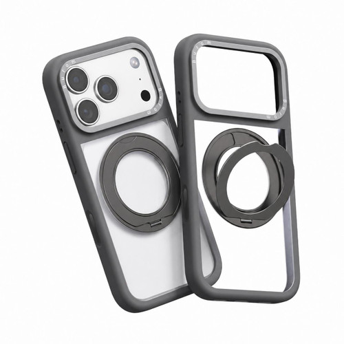 iPhone 18 Pro Max Liquid Silicone Frame Hybrid Clear Back Panel Rotatable Magnetic Holder Phone Case - Grey