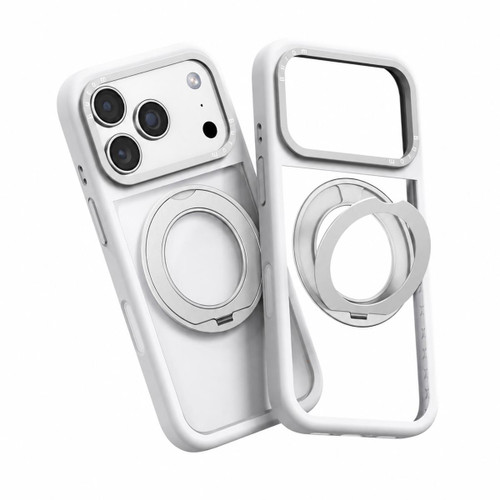 iPhone 18 Pro Max Liquid Silicone Frame Hybrid Clear Back Panel Rotatable Magnetic Holder Phone Case - White
