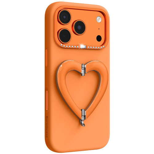 iPhone 18 Pro Max Liquid Silicone Metal Heart-Shaped Kickstand Phone Case - Orange