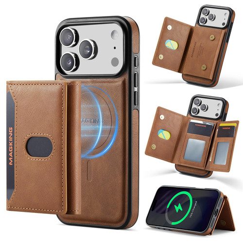 iPhone 18 Pro Max MAGKING K5 Series RFID Tri-fold Card Bag Detachable Magnetic Phone Case - Brown